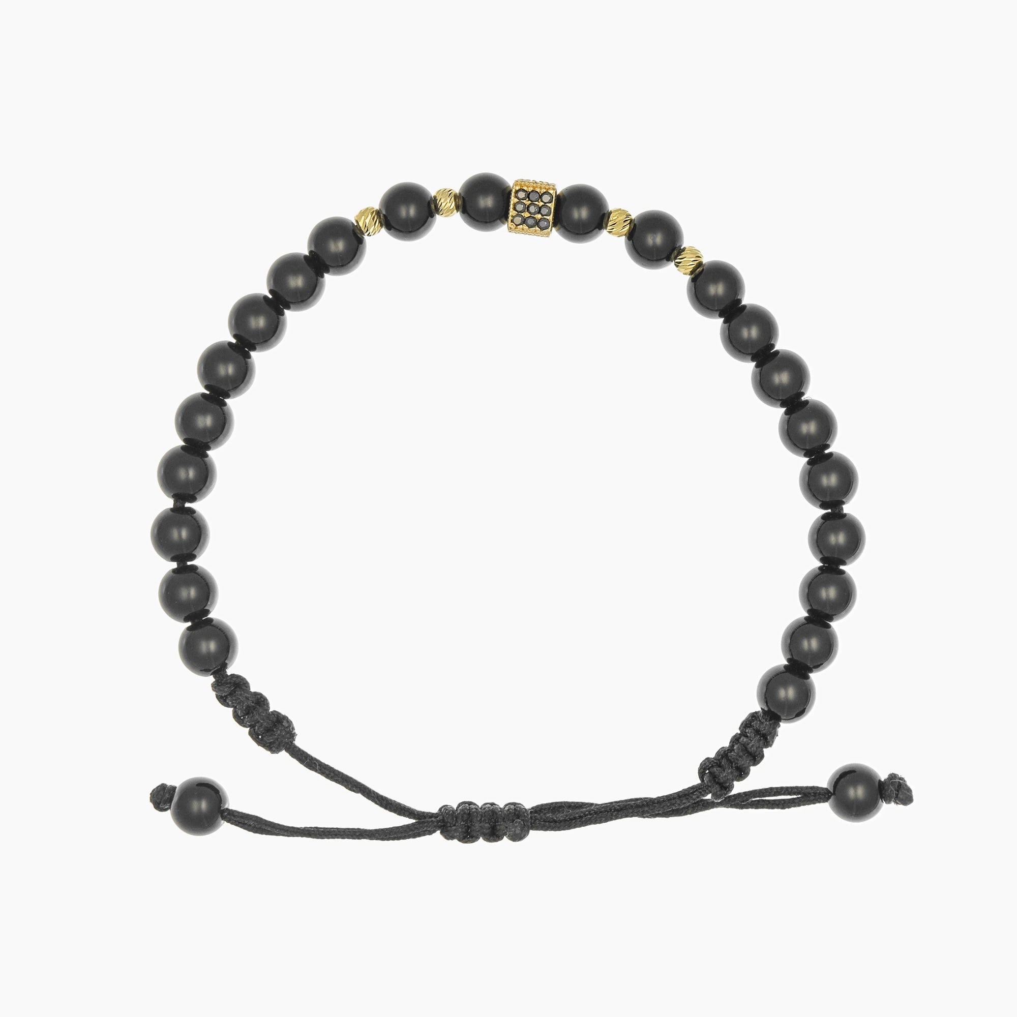 Schwarzes Shamballah-Armband mit 14 Karat Goldkugeln und Würfelanhänger, anpassbar für alle Handgelenkgrößen, stilvolles Accessoire für Alltag und besondere Anlässe.