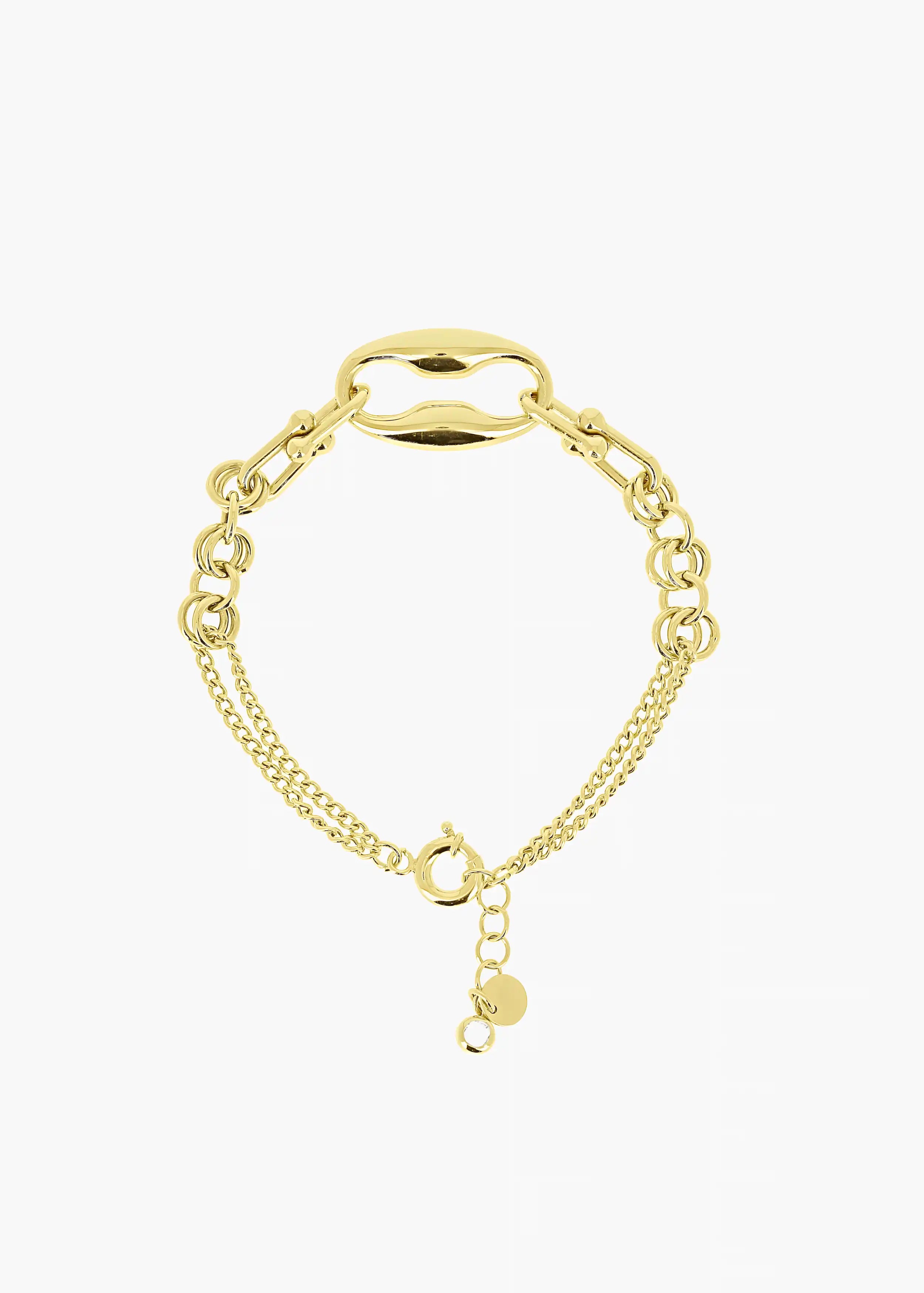 Goldenes Armband mit doppelter Gliederkette und einem geschwungenen, schleifenartigen Anhänger