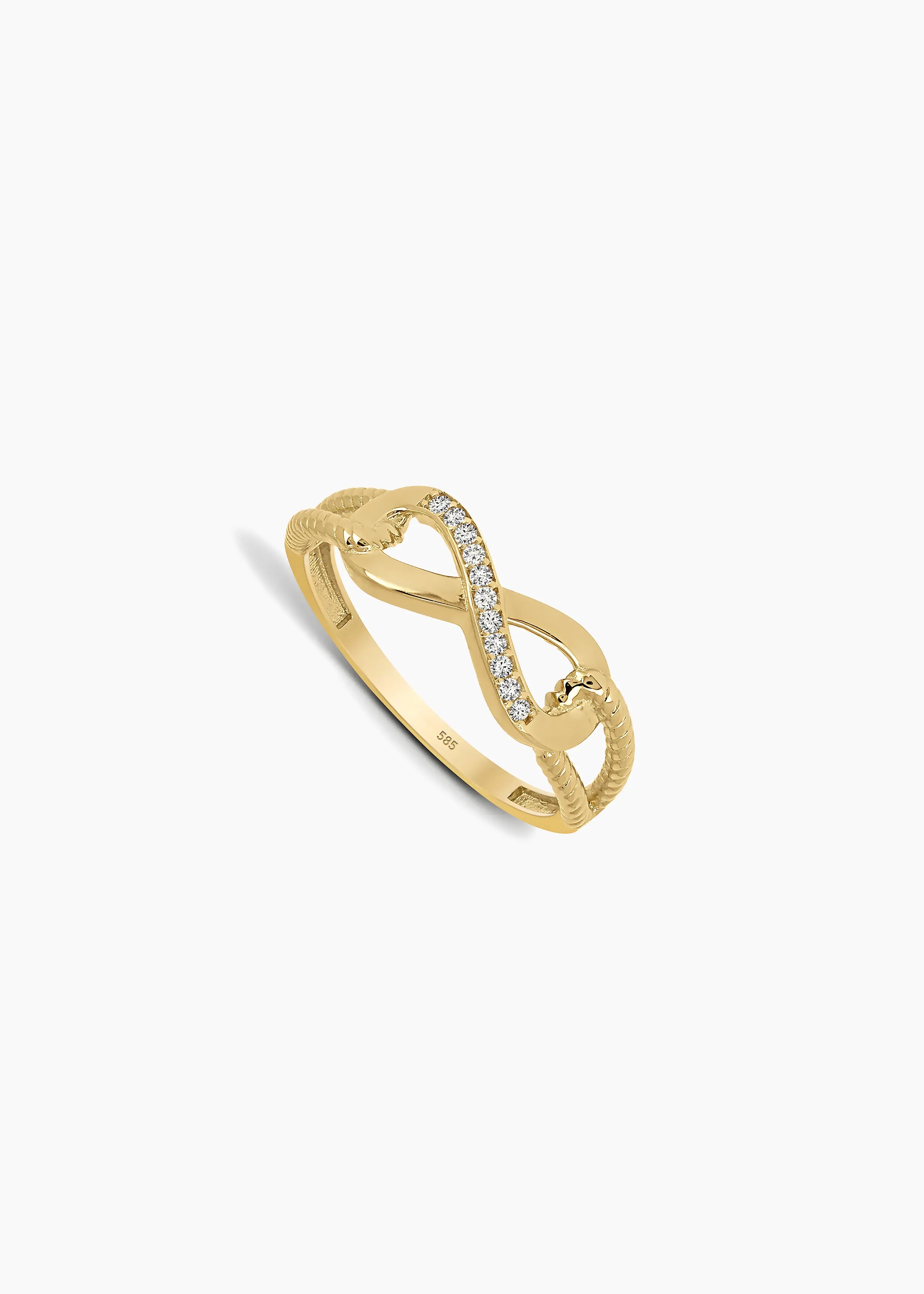 Goldener 14-Karat-Infinity-Ring mit Zirkonia-Steinen.