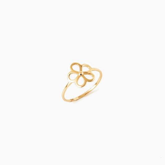 Bloom 14K Goldring mit offener Blütenform aus fünf Blättern. Hochglanzpoliert, federleicht, Größen 52-58.

