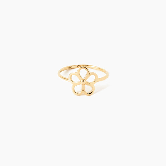 Bloom 14K Goldring mit offener Blütenform aus fünf Blättern. Hochglanzpoliert, federleicht, Größen 52-58.


