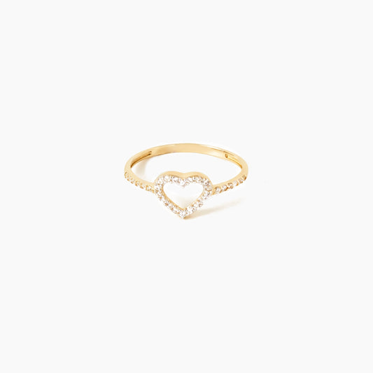 Celeste 14K Gelbgoldring mit herzförmigem Openwork-Design & Pavé-Zirkonia. Hochglanzpoliert, filigrane Ringschiene, Größen 52-58.