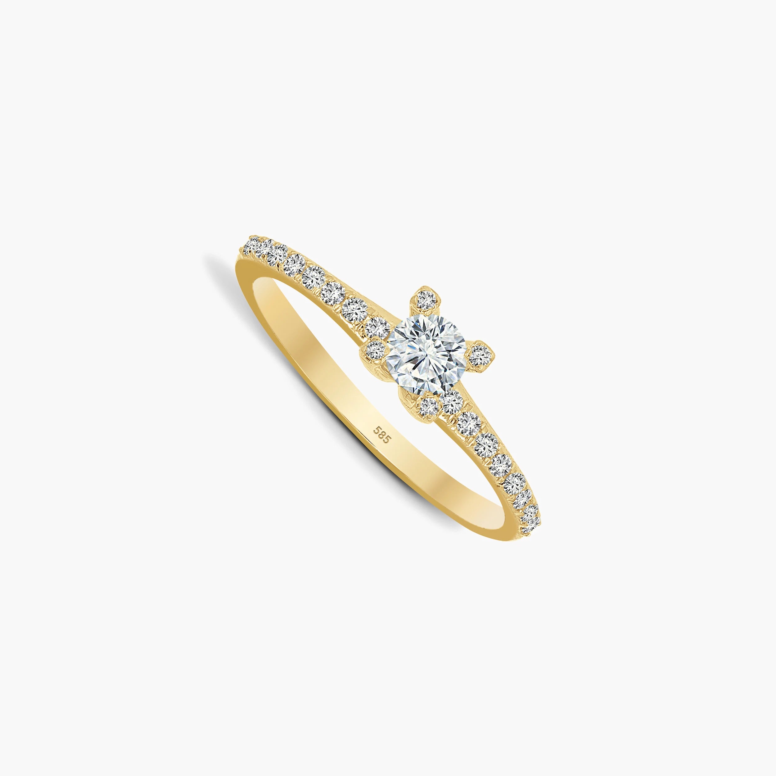 Eclat 14K Gold Verlobungsring mit Solitär-Diamant und gedrehtem Pavé-Band. Wählbar in drei Goldtönen.