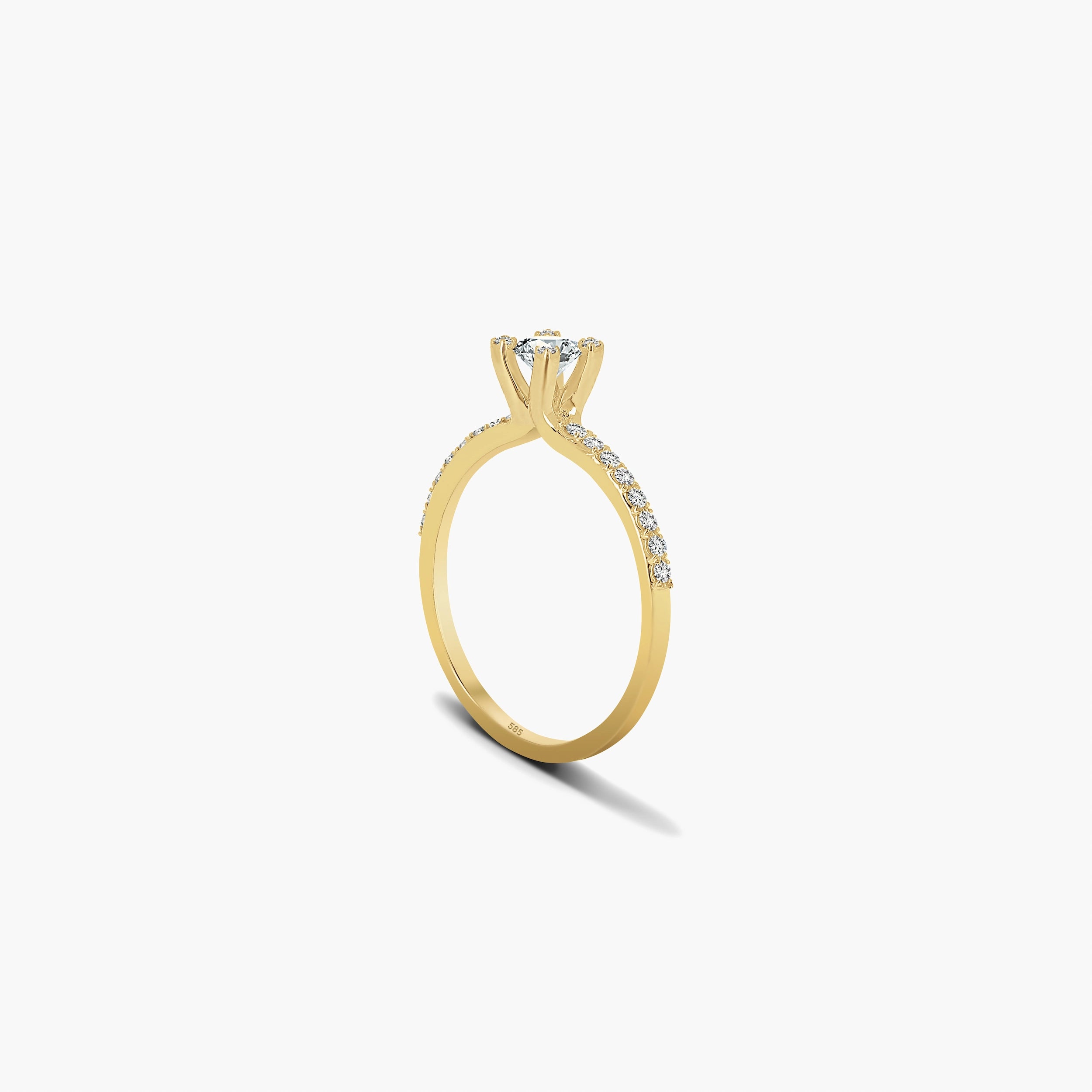 Eclat 14K Gold Verlobungsring mit Solitär-Diamant und gedrehtem Pavé-Band. Wählbar in drei Goldtönen.