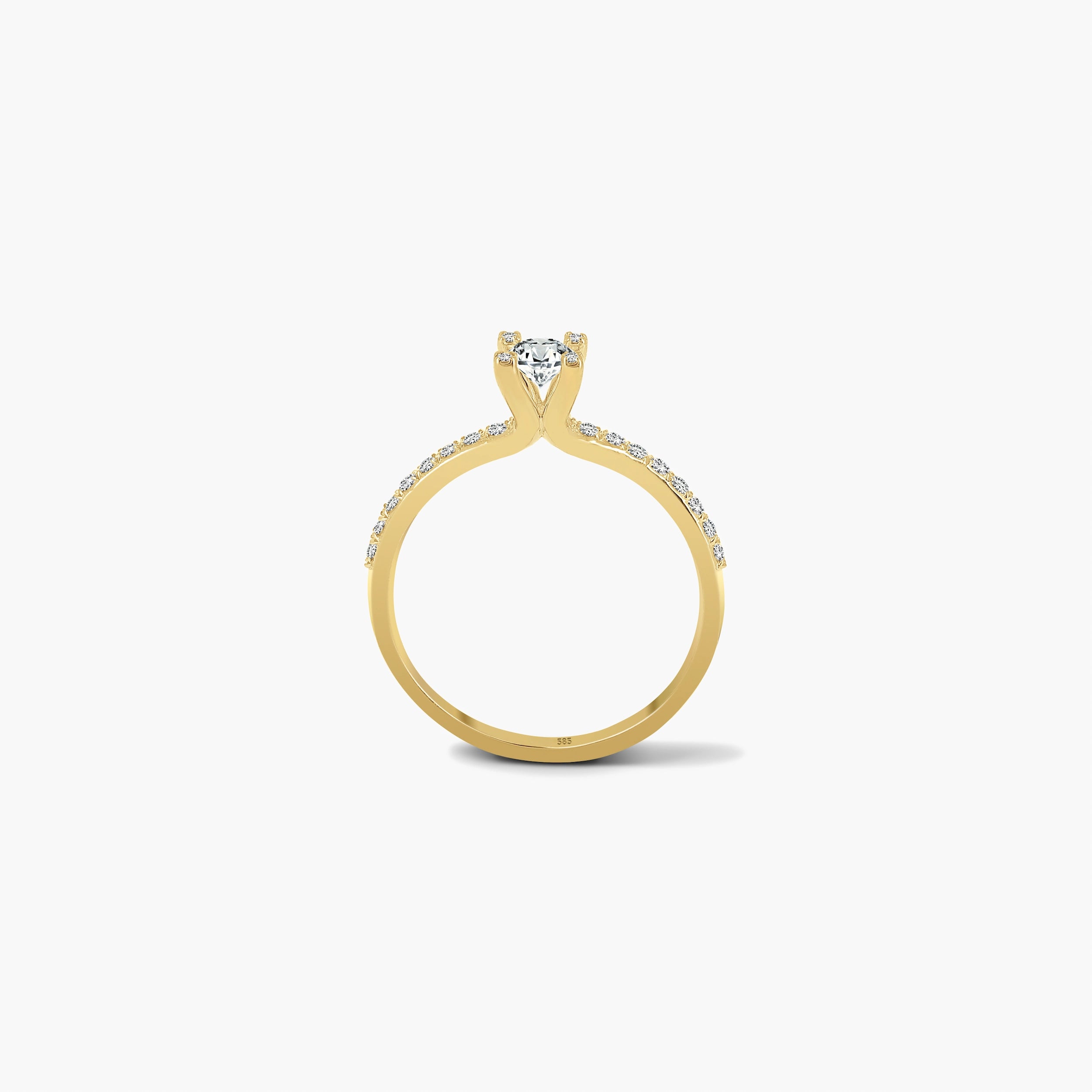 Eclat 14K Gold Verlobungsring mit Solitär-Diamant und gedrehtem Pavé-Band. Wählbar in drei Goldtönen.