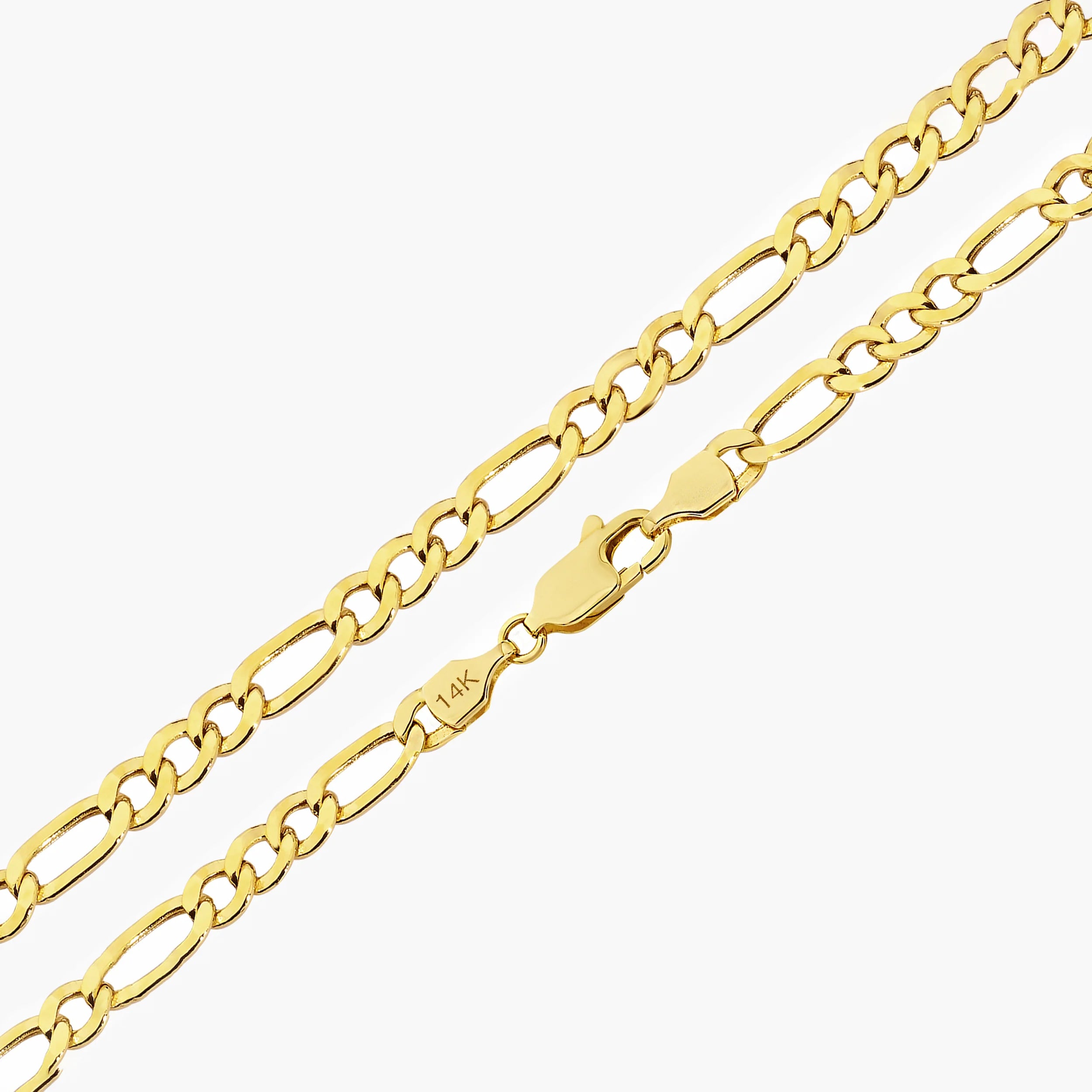 Figaro Goldarmband aus 14 Karat Echtgold, glänzend poliert, mit sicherem Karabinerverschluss, erhältlich in verschiedenen Stärken und Längen.