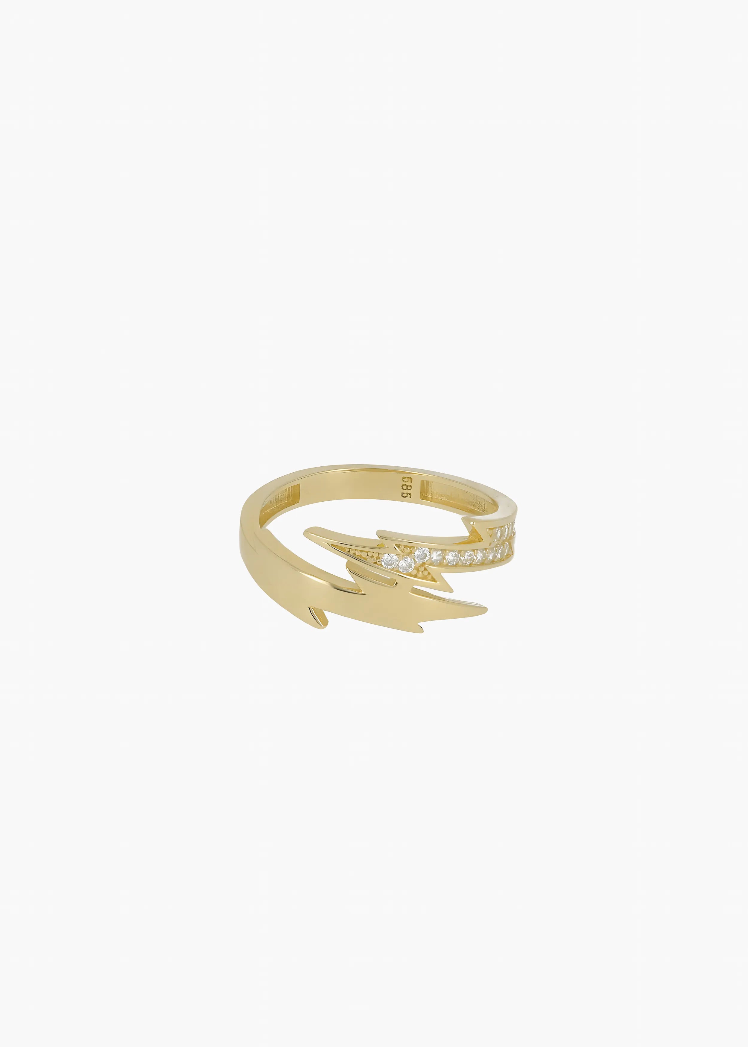 Goldener 14-Karat-Ring mit Blitz-Design und funkelnden Steinen.