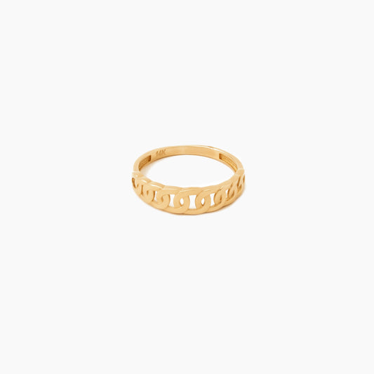 Verve 14K Gelbgoldring mit kunstvollem Kettengeflecht-Design. Durchbrochene Ovalmuster, polierte Oberfläche, Größen 52-58.