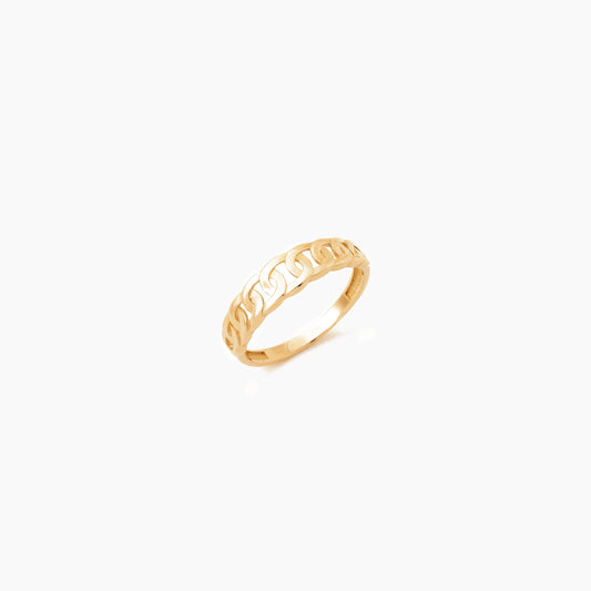 Verve 14K Gelbgoldring mit kunstvollem Kettengeflecht-Design. Durchbrochene Ovalmuster, polierte Oberfläche, Größen 52-58.