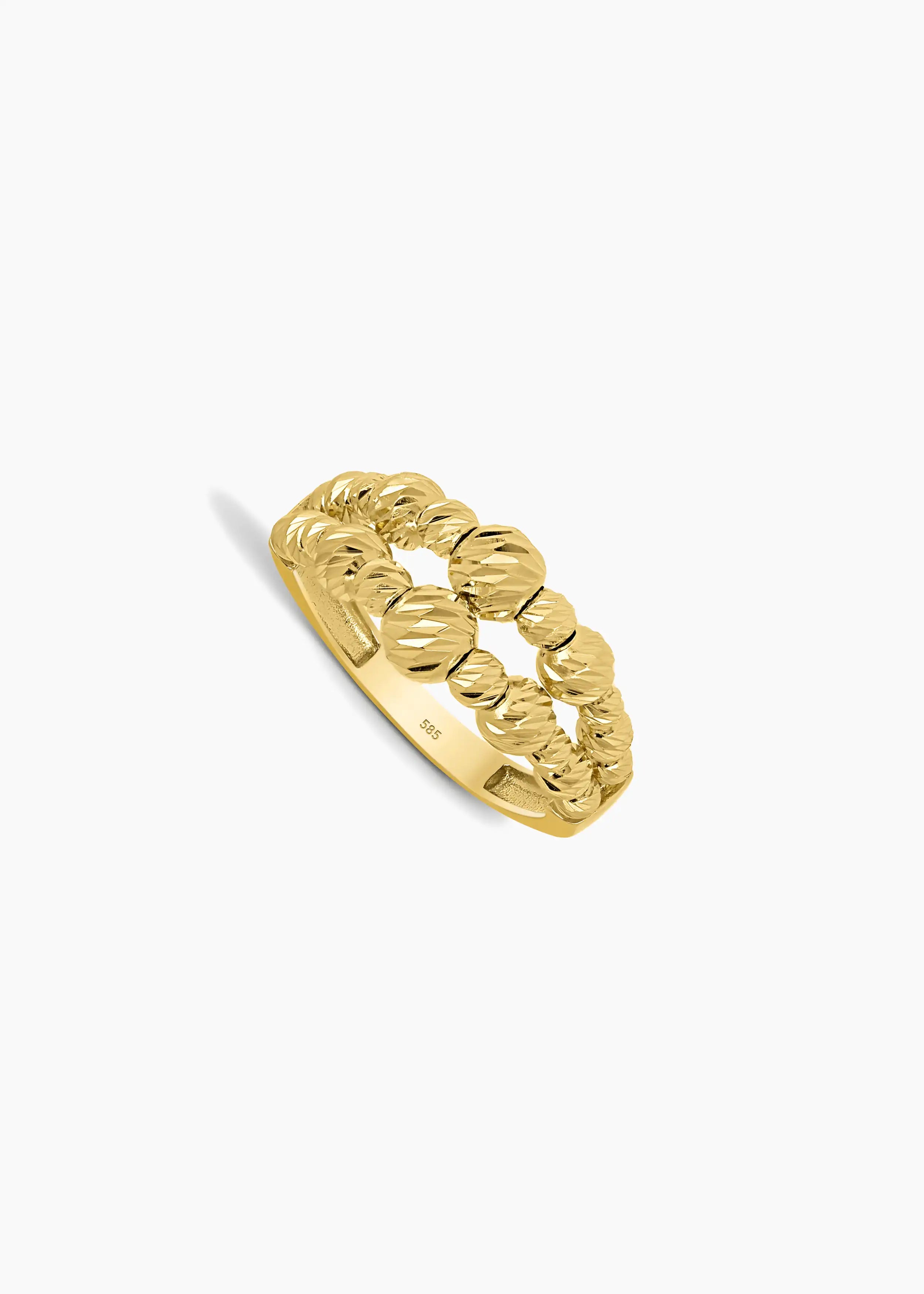 Goldener 14-Karat-Ring mit Design aus goldenen Kugeln und Blattmuster, ohne Steine.