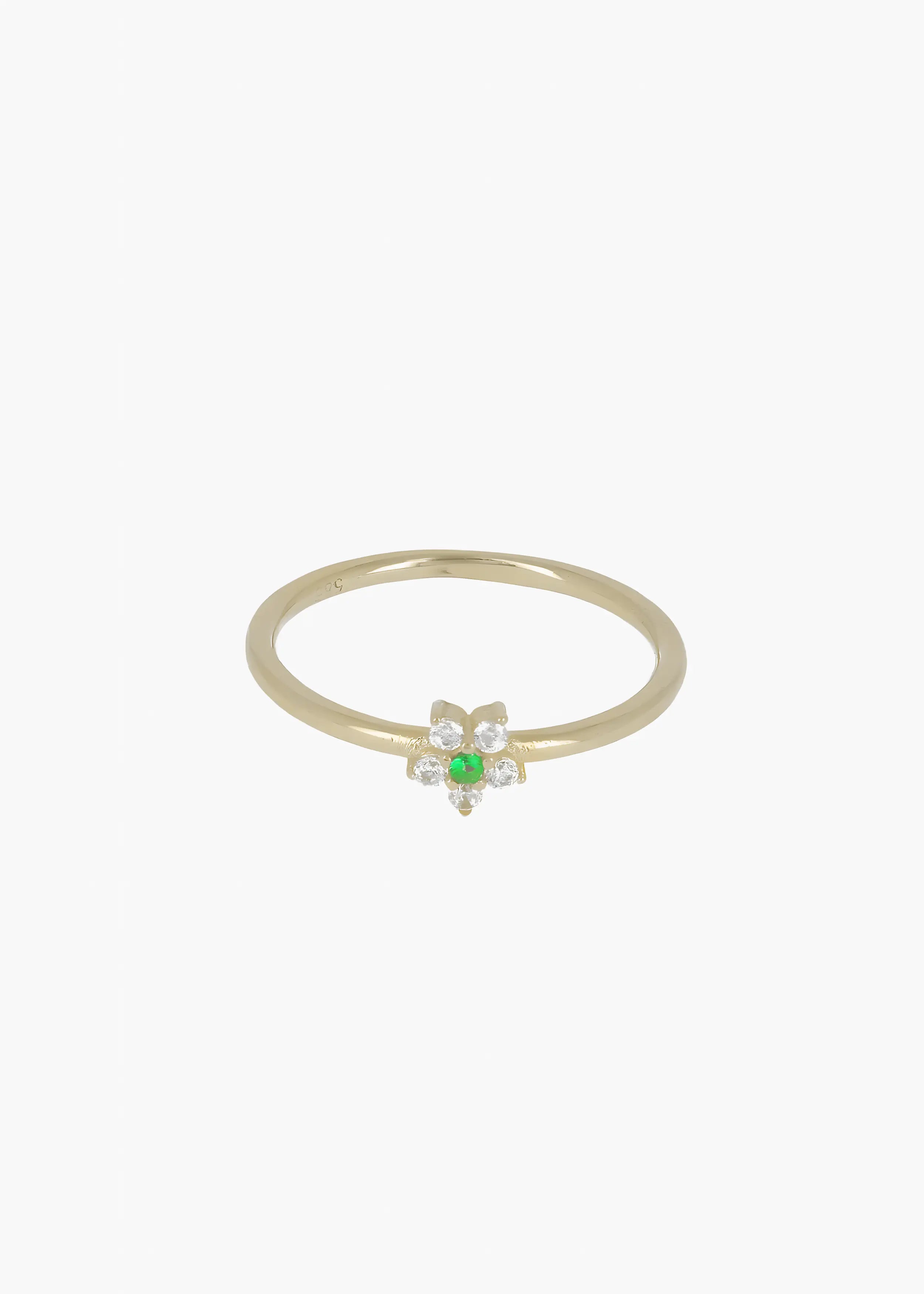 Goldener 14-Karat-Ring mit Blumenmotiv, einem grünen Stein im Zentrum und funkelnden Steinen.